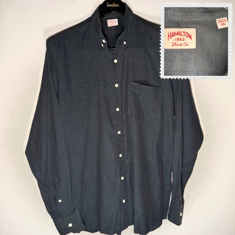 Hamilton 1883 Shirt Co Mens 16 Large Button Down Charcoal Cotton Herringbone USA